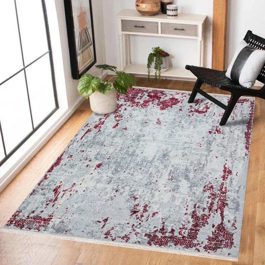 Beyaz Gri Eskitme Modern Halı - Yıkanabilir - Kaymaz Taban - Pati Dostu