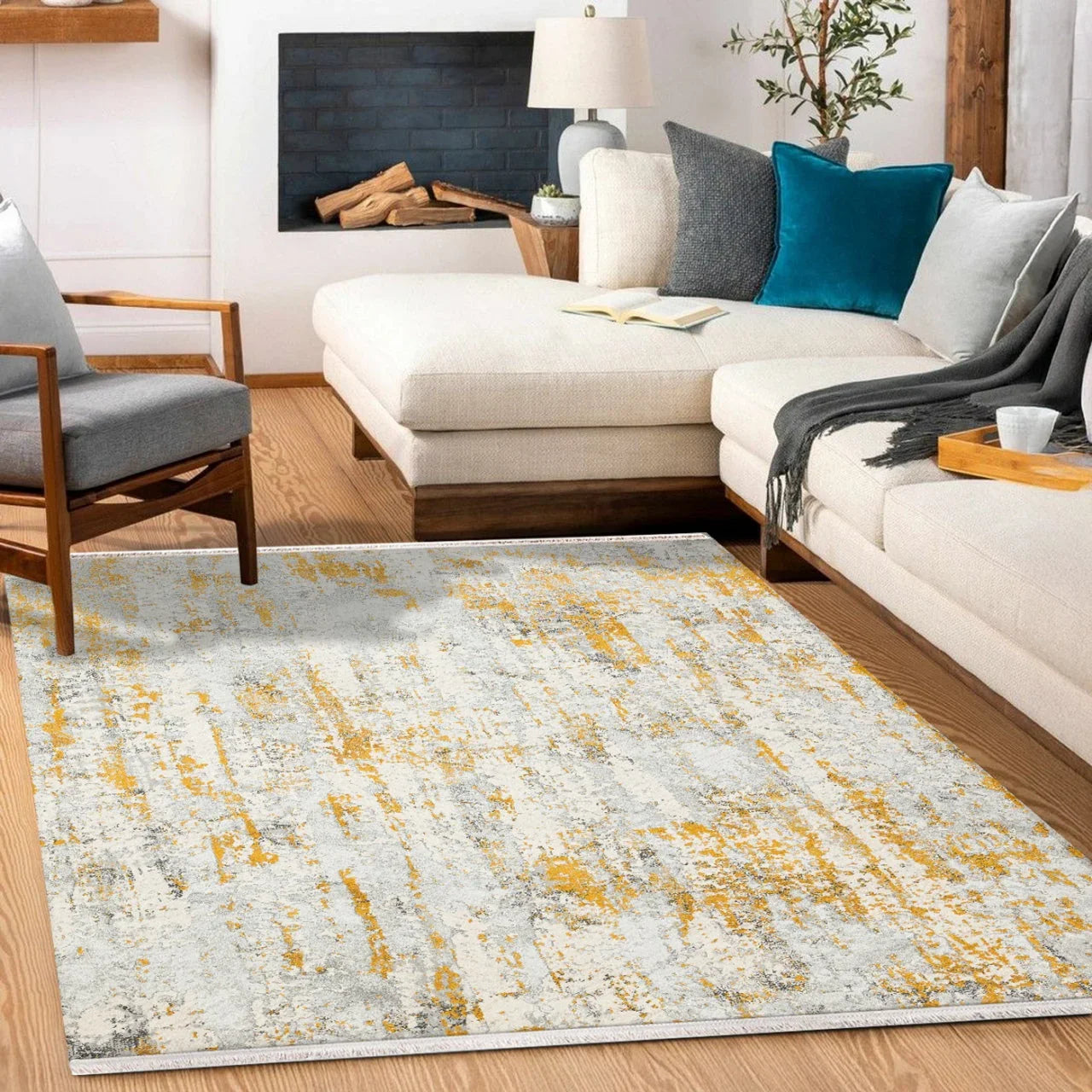 Beyaz Gri Eskitme Modern Halı - Yıkanabilir - Kaymaz Taban - Pati Dostu