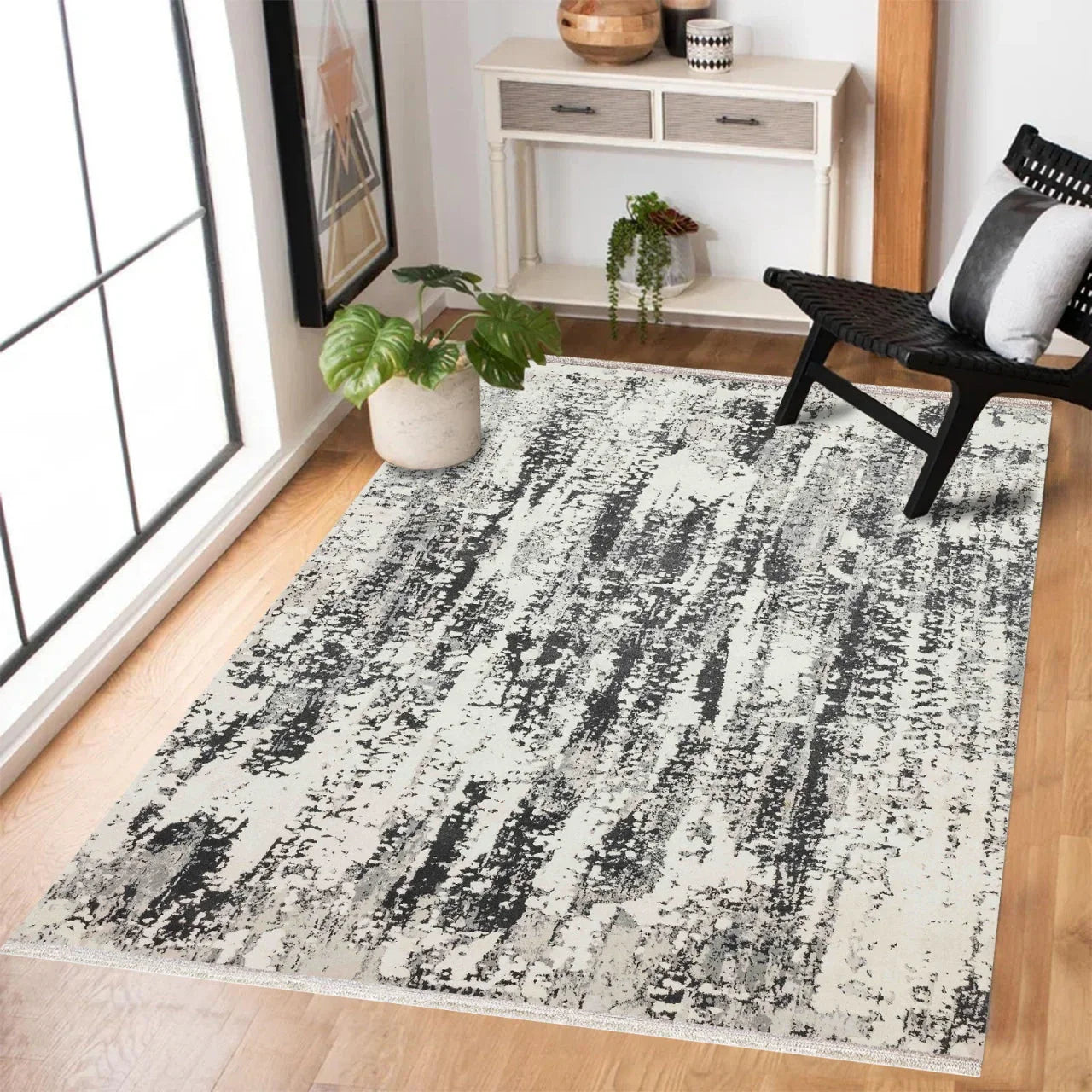 Beyaz Gri Etnik Modern Halı - Yıkanabilir - Kaymaz Taban - Pati Dostu