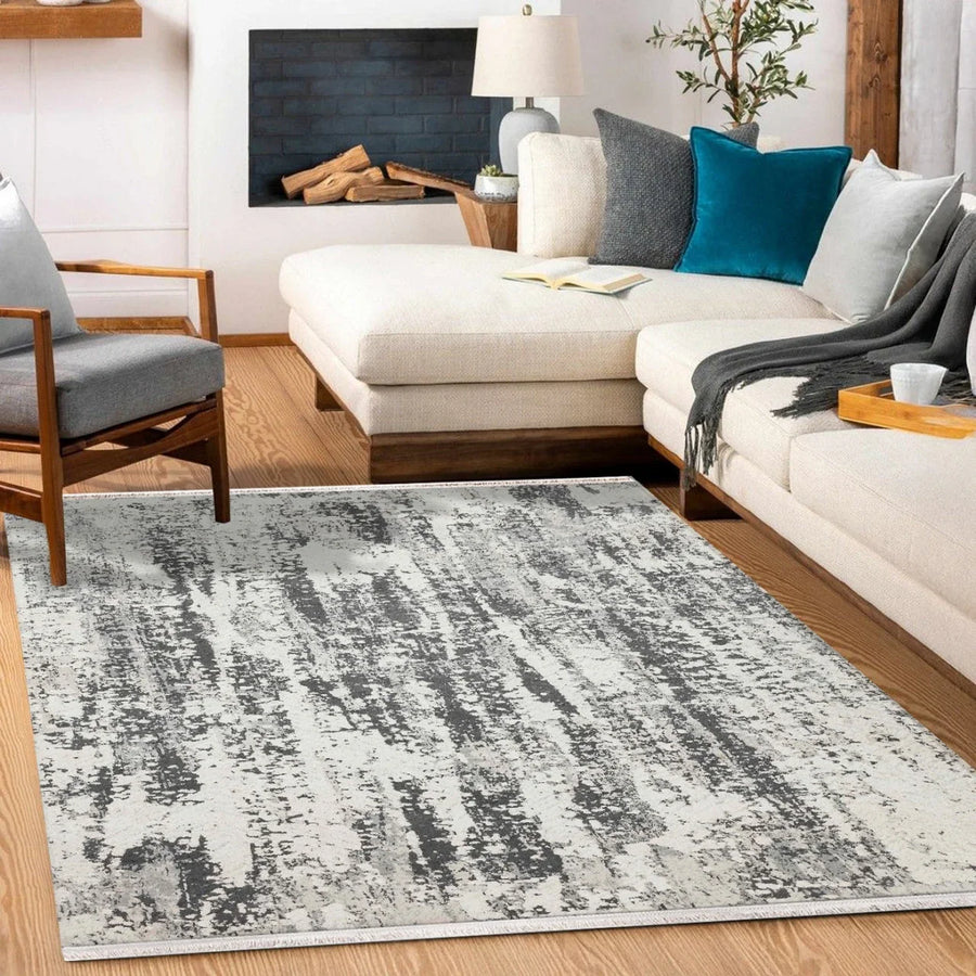 Beyaz Gri Etnik Modern Halı - Yıkanabilir - Kaymaz Taban - Pati Dostu