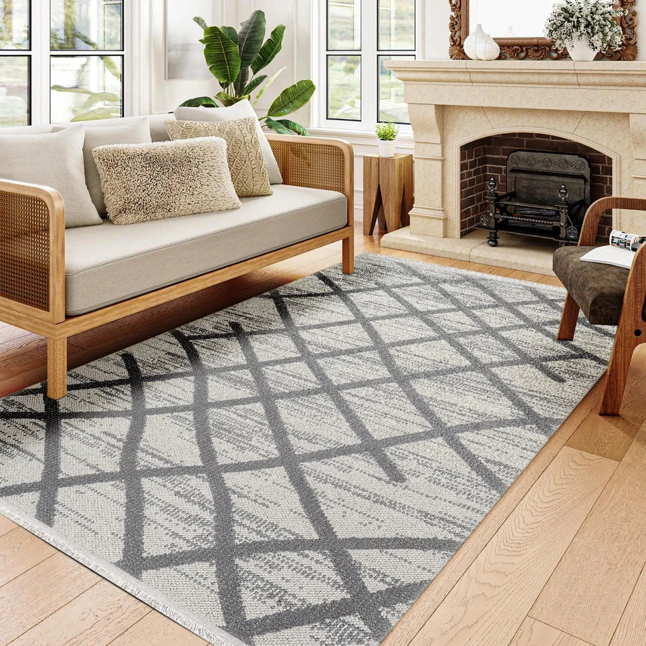 Antrasit Gri Geometrik Minimalist Halı - Yıkanabilir - Kaymaz Taban - Pati Dostu