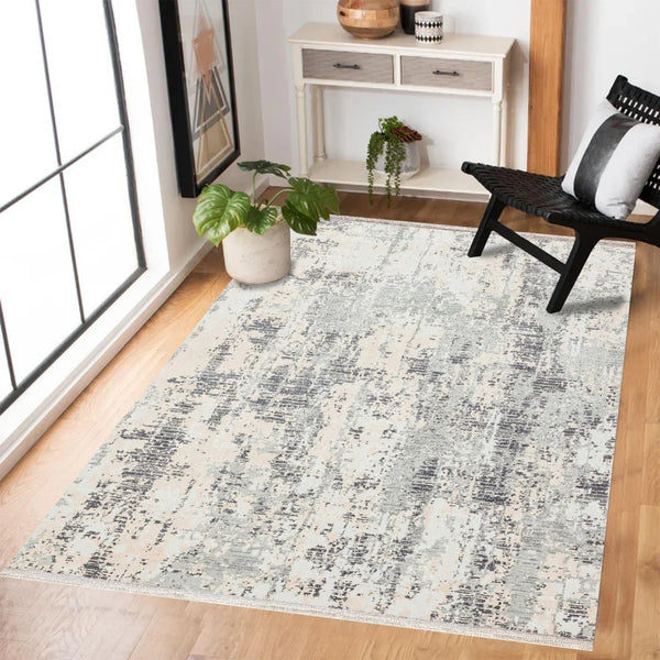 Beyaz Gri Eskitme Modern Halı - Yıkanabilir - Kaymaz Taban - Pati Dostu