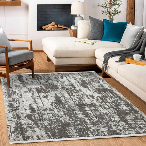 Antrasit Modern Modern Etnik Desenli Halı  | Makinada Yıkanabilir | Hav Toz Vermez | Leke Tutmayan | Kaymaz Taban | Dijital Makine Baskı | Salon Yolluk Mutfak Halısı