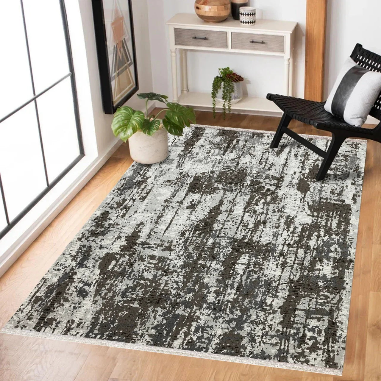 Antrasit Gri Eskitme Modern Halı - Yıkanabilir - Kaymaz Taban - Pati Dostu