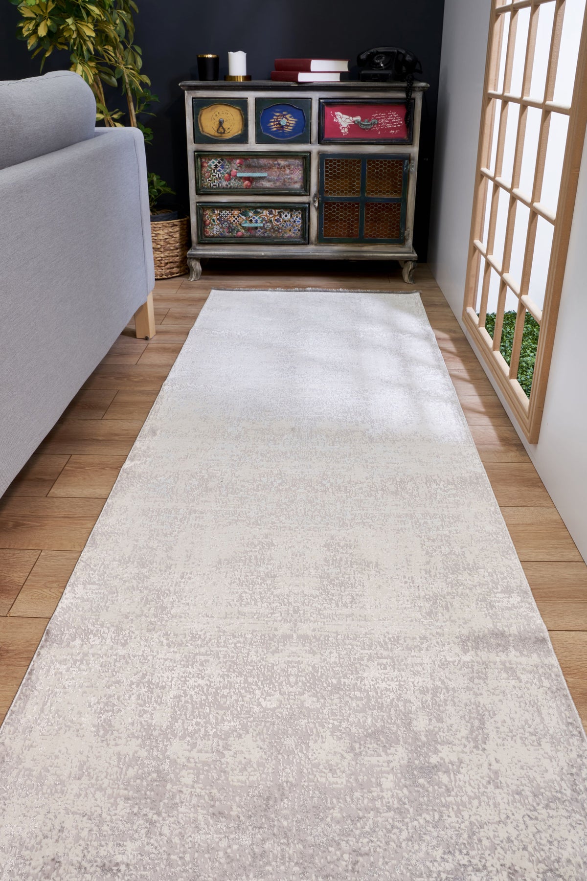Davela Açık Gri Kum Rengi Soyut Desenli Modern Makine Halısı
