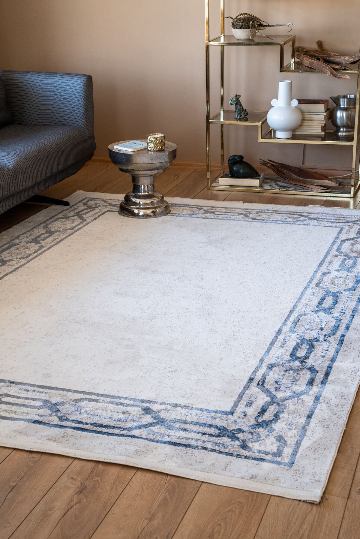 Davela Krem Gri Geometrik Modern Makine Halısı