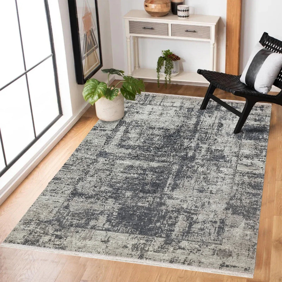 Antrasit Gri Eskitme Modern Halı - Yıkanabilir - Kaymaz Taban - Pati Dostu