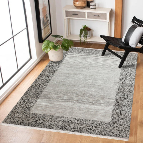 Gri Çerçeveli Modern Etnik Desenli Halı  | Makinada Yıkanabilir | Hav Toz Vermez | Leke Tutmayan | Kaymaz Taban | Dijital Makine Baskı | Salon Yolluk Mutfak Halısı