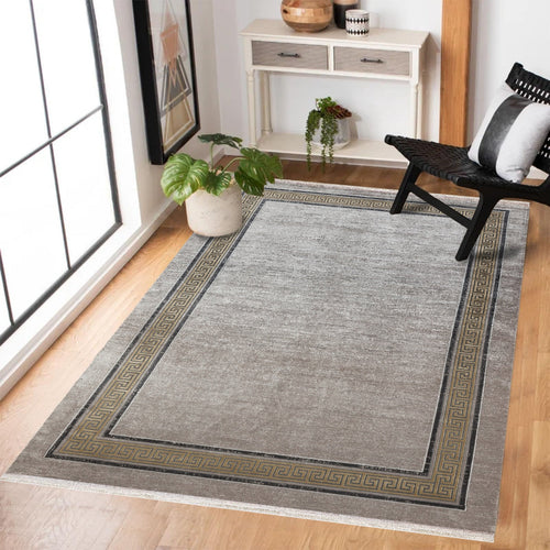 Gri Çerçeveli Modern Etnik Desenli Halı  | Makinada Yıkanabilir | Hav Toz Vermez | Leke Tutmayan | Kaymaz Taban | Dijital Makine Baskı | Salon Yolluk Mutfak Halısı
