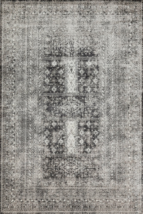 Antrasit Çerçeveli Modern Etnik Desenli Halı  | Makinada Yıkanabilir | Hav Toz Vermez | Leke Tutmayan | Kaymaz Taban | Dijital Makine Baskı | Salon Yolluk Mutfak Halısı