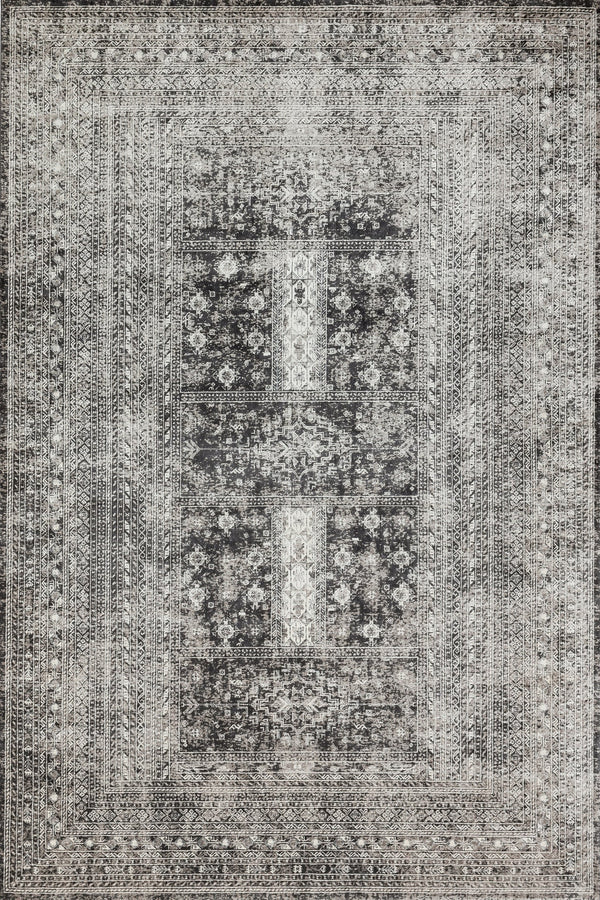 Antrasit Beyaz Eskitme Etnik Halı - Yıkanabilir - Kaymaz Taban - Pati Dostu