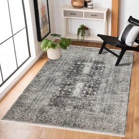 Antrasit Beyaz Eskitme Etnik Halı - Yıkanabilir - Kaymaz Taban - Pati Dostu