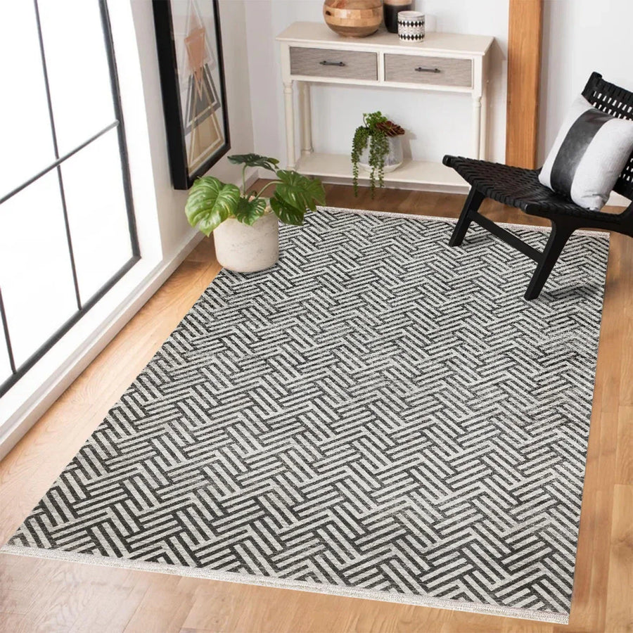 Beyaz Gri Geometrik Modern Halı - Yıkanabilir - Kaymaz Taban - Pati Dostu