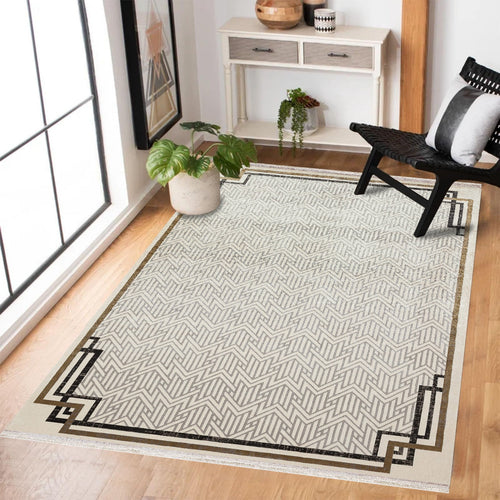 Krem Çerçeveli Modern Etnik Desenli Halı  | Makinada Yıkanabilir | Hav Toz Vermez | Leke Tutmayan | Kaymaz Taban | Dijital Makine Baskı | Salon Yolluk Mutfak Halısı