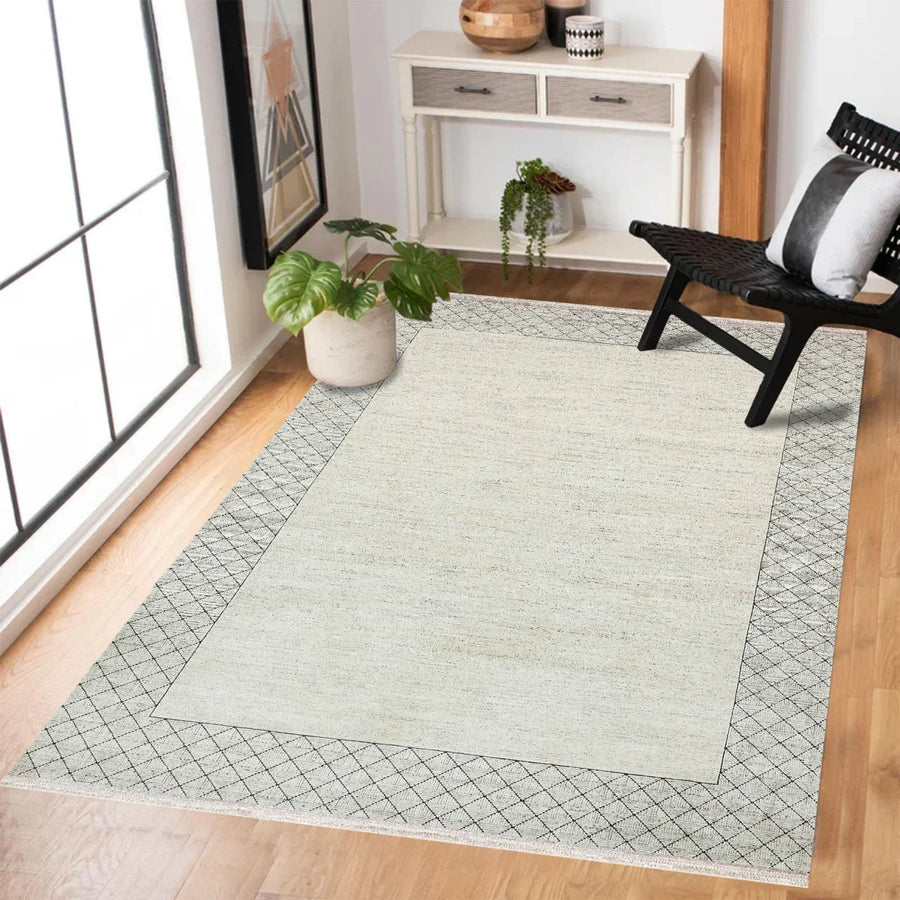 Bej Gri Geometrik Modern Halı - Yıkanabilir - Kaymaz Taban - Pati Dostu