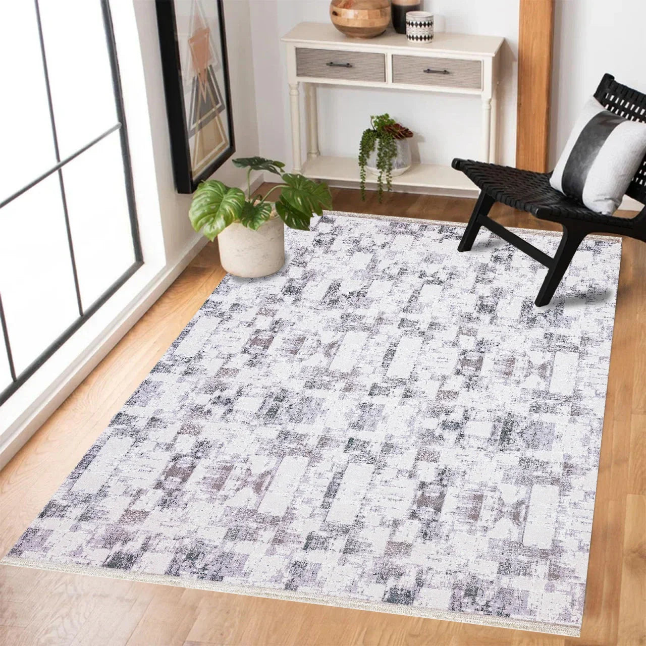 Gri Krem Geometrik Modern Halı - Yıkanabilir - Kaymaz Taban - Pati Dostu