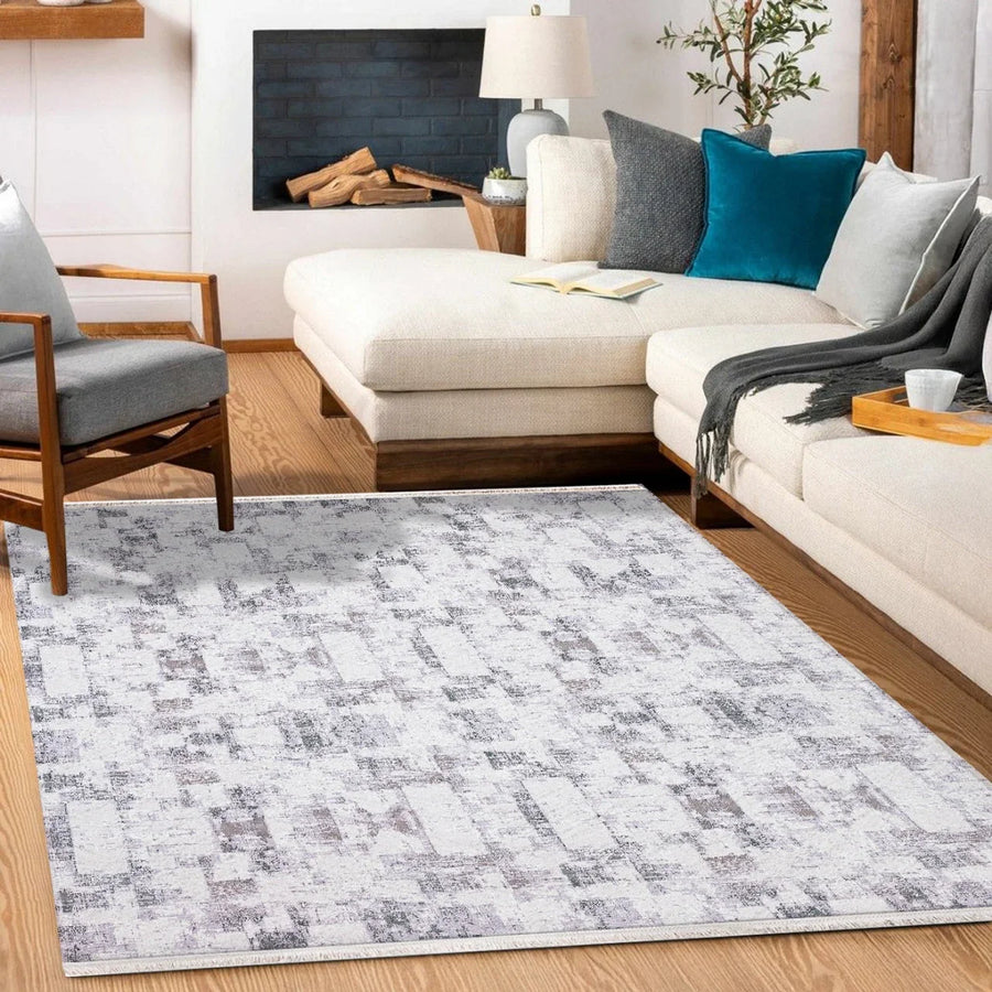 Gri Krem Geometrik Modern Halı - Yıkanabilir - Kaymaz Taban - Pati Dostu