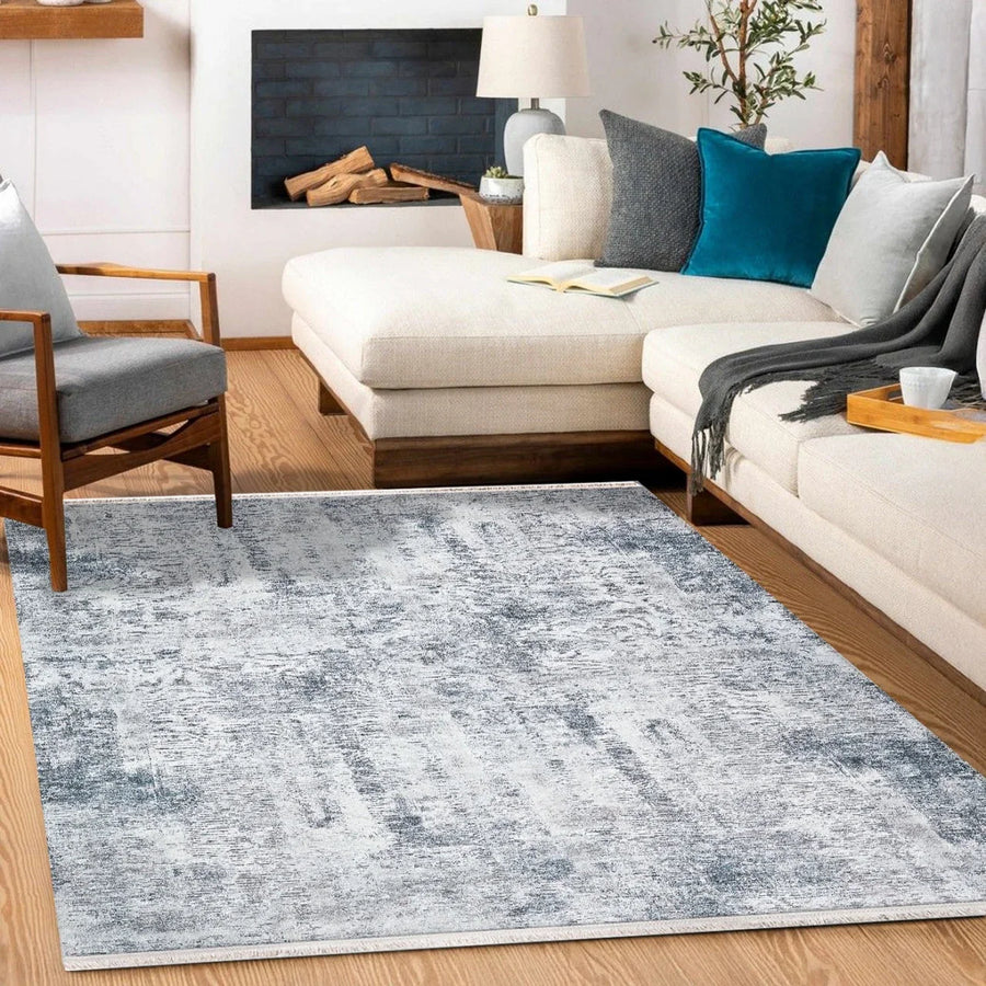 Beyaz Gri Eskitme Modern Halı - Yıkanabilir - Kaymaz Taban - Pati Dostu