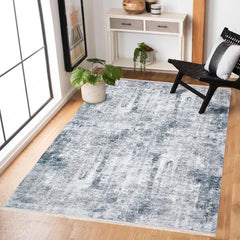 Koyu Mavi Soyut Modern Etnik Desenli Halı  | Makinada Yıkanabilir | Hav Toz Vermez | Leke Tutmayan | Kaymaz Taban | Dijital Makine Baskı | Salon Yolluk Mutfak Halısı