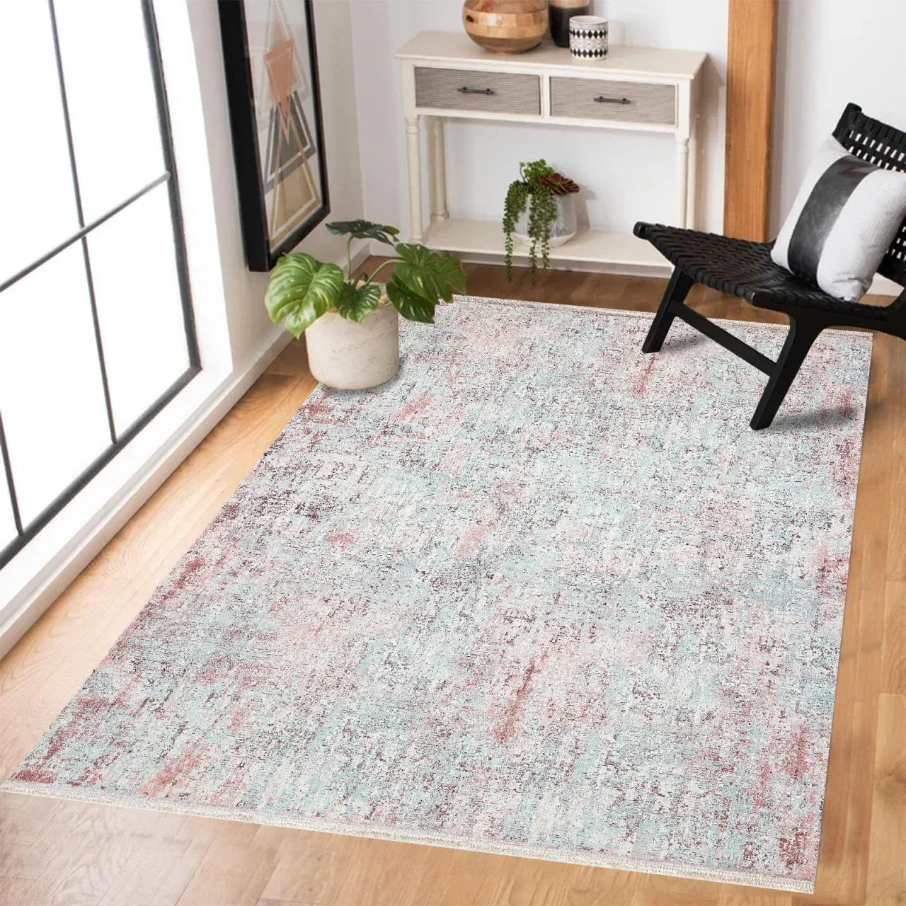 Gri Eskitme Modern Halı - Yıkanabilir - Kaymaz Taban - Pati Dostu