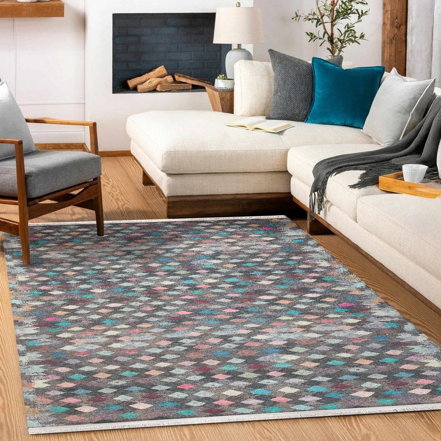 Gri Renkli Geometrik Modern Halı - Yıkanabilir - Kaymaz Taban - Pati Dostu