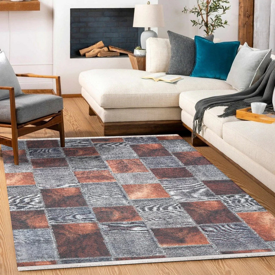 Gri Geometrik Modern Halı - Yıkanabilir - Kaymaz Taban - Pati Dostu