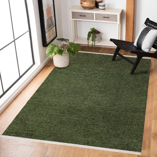 Yeşil Düz Modern Etnik Desenli Halı  | Makinada Yıkanabilir | Hav Toz Vermez | Leke Tutmayan | Kaymaz Taban | Dijital Makine Baskı | Salon Yolluk Mutfak Halısı