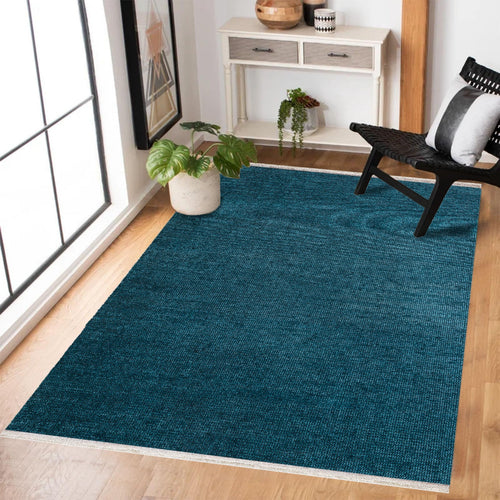 Mavi Düz Modern Etnik Desenli Halı  | Makinada Yıkanabilir | Hav Toz Vermez | Leke Tutmayan | Kaymaz Taban | Dijital Makine Baskı | Salon Yolluk Mutfak Halısı