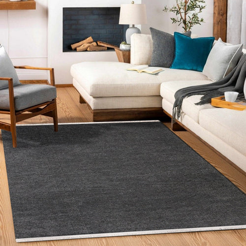 Antrasit Düz Modern Etnik Desenli Halı  | Makinada Yıkanabilir | Hav Toz Vermez | Leke Tutmayan | Kaymaz Taban | Dijital Makine Baskı | Salon Yolluk Mutfak Halısı