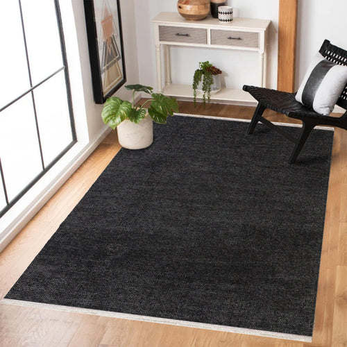 Antrasit Düz Modern Etnik Desenli Halı  | Makinada Yıkanabilir | Hav Toz Vermez | Leke Tutmayan | Kaymaz Taban | Dijital Makine Baskı | Salon Yolluk Mutfak Halısı