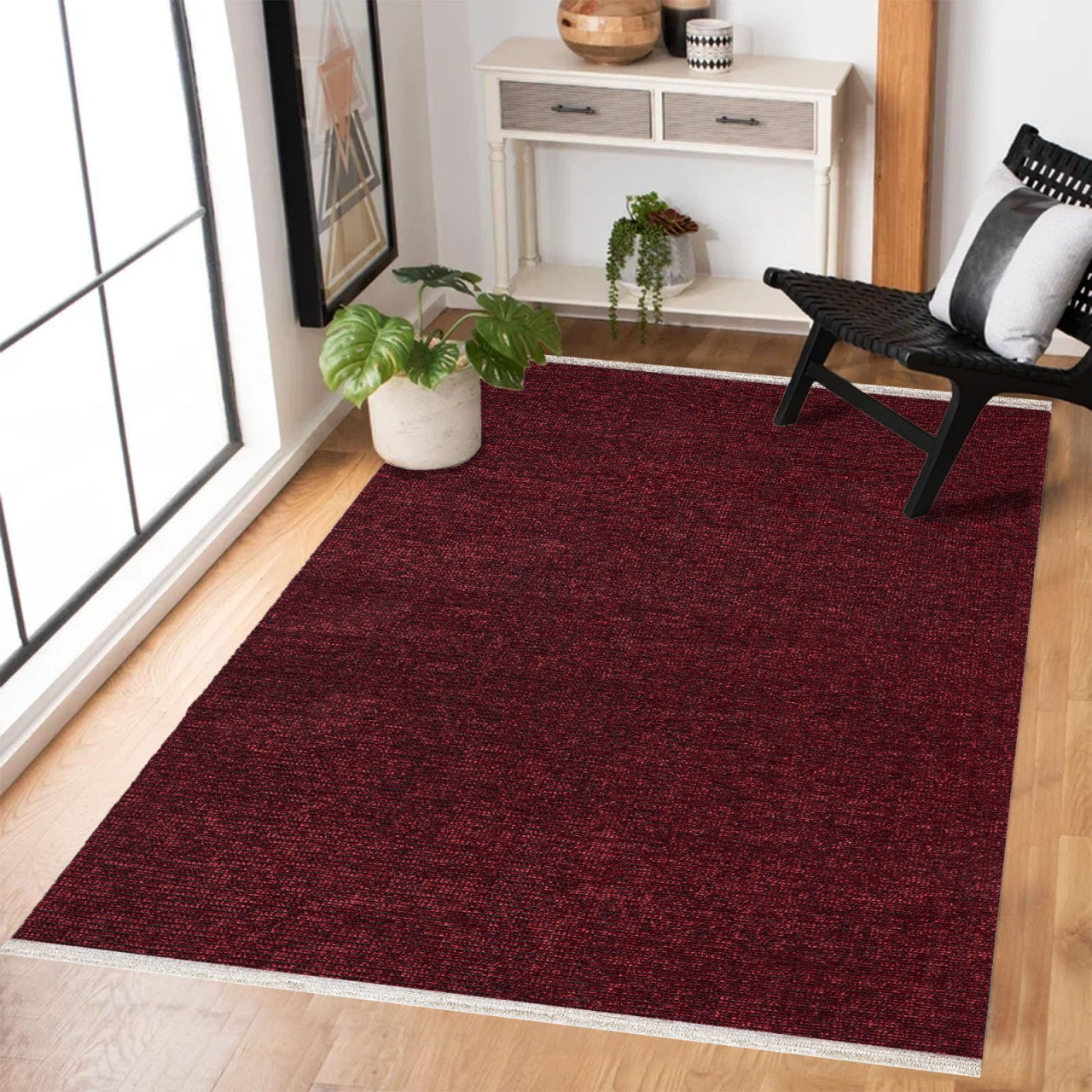 Kırmızı Düz Modern Halı - Yıkanabilir - Kaymaz Taban - Pati Dostu