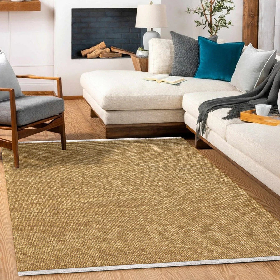 Bej Düz Modern Halı - Yıkanabilir - Kaymaz Taban - Pati Dostu