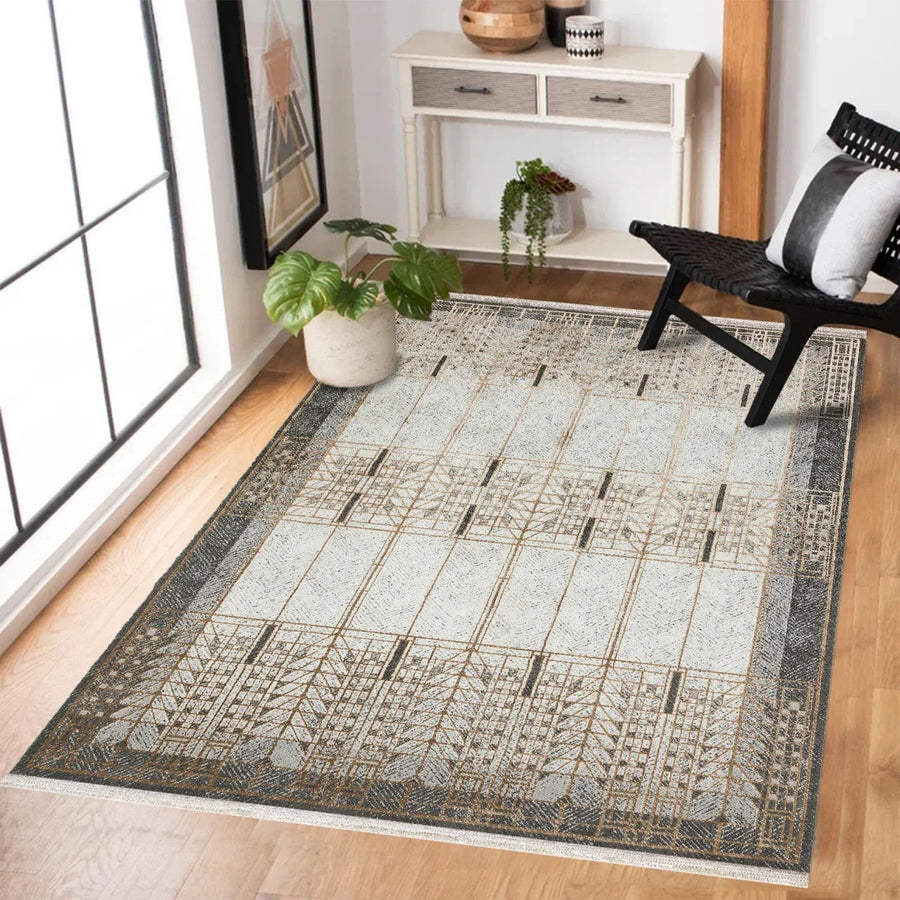 Gri Krem Bordürlü Modern Halı - Yıkanabilir - Kaymaz Taban - Pati Dostu