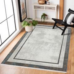 Gri Çerçeveli Modern Etnik Desenli Halı  | Makinada Yıkanabilir | Hav Toz Vermez | Leke Tutmayan | Kaymaz Taban | Dijital Makine Baskı | Salon Yolluk Mutfak Halısı