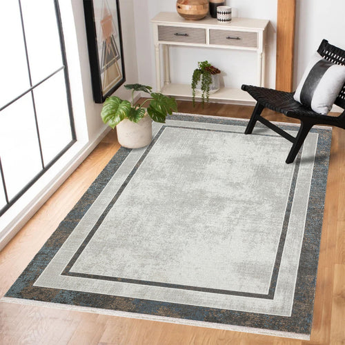 Gri Çerçeveli Modern Etnik Desenli Halı  | Makinada Yıkanabilir | Hav Toz Vermez | Leke Tutmayan | Kaymaz Taban | Dijital Makine Baskı | Salon Yolluk Mutfak Halısı