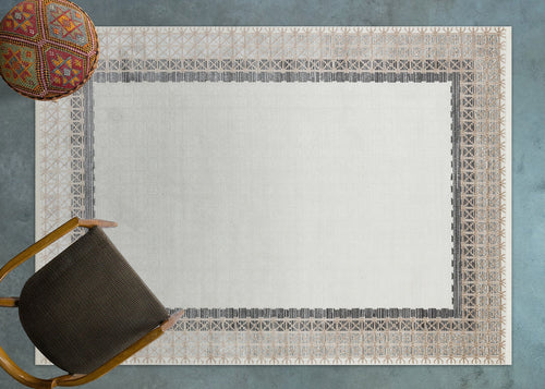 Gri Çerçeveli Modern Etnik Desenli Halı  | Makinada Yıkanabilir | Hav Toz Vermez | Leke Tutmayan | Kaymaz Taban | Dijital Makine Baskı | Salon Yolluk Mutfak Halısı