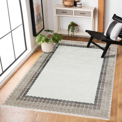 Gri Çerçeveli Modern Etnik Desenli Halı  | Makinada Yıkanabilir | Hav Toz Vermez | Leke Tutmayan | Kaymaz Taban | Dijital Makine Baskı | Salon Yolluk Mutfak Halısı