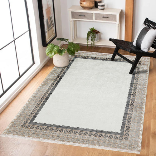 Gri Çerçeveli Modern Etnik Desenli Halı  | Makinada Yıkanabilir | Hav Toz Vermez | Leke Tutmayan | Kaymaz Taban | Dijital Makine Baskı | Salon Yolluk Mutfak Halısı