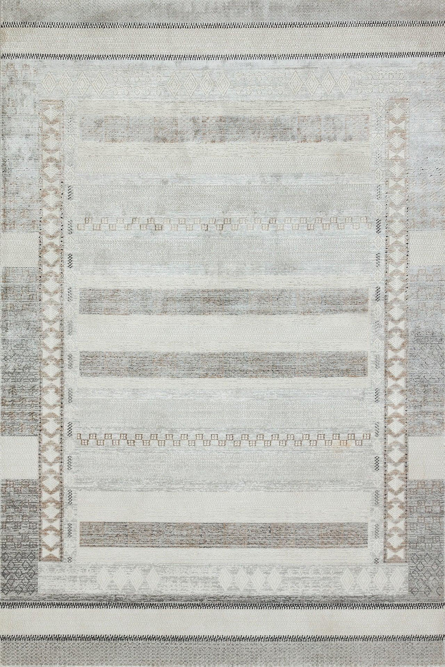 Grey Geometric Area Rug with Cream Accents – in the hallway