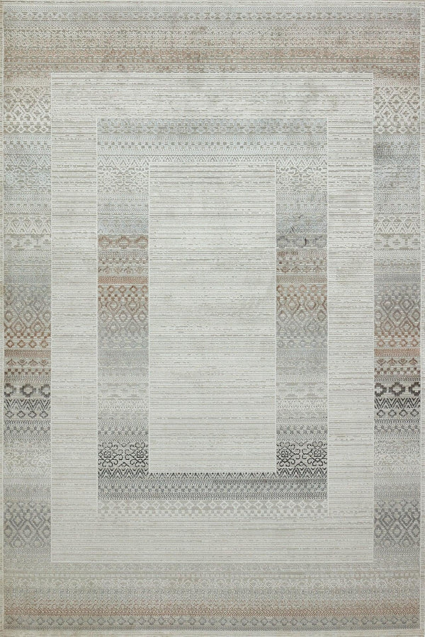 Gri Krem Bordürlü Geometrik Halı - Yıkanabilir - Kaymaz Taban - Pati Dostu