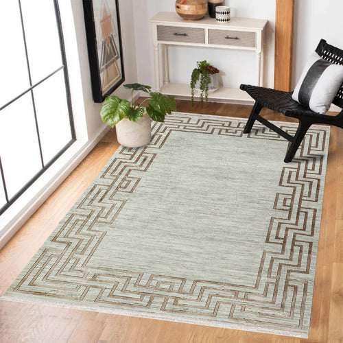 Kahverengi Çerçeveli Modern Etnik Desenli Halı  | Makinada Yıkanabilir | Hav Toz Vermez | Leke Tutmayan | Kaymaz Taban | Dijital Makine Baskı | Salon Yolluk Mutfak Halısı