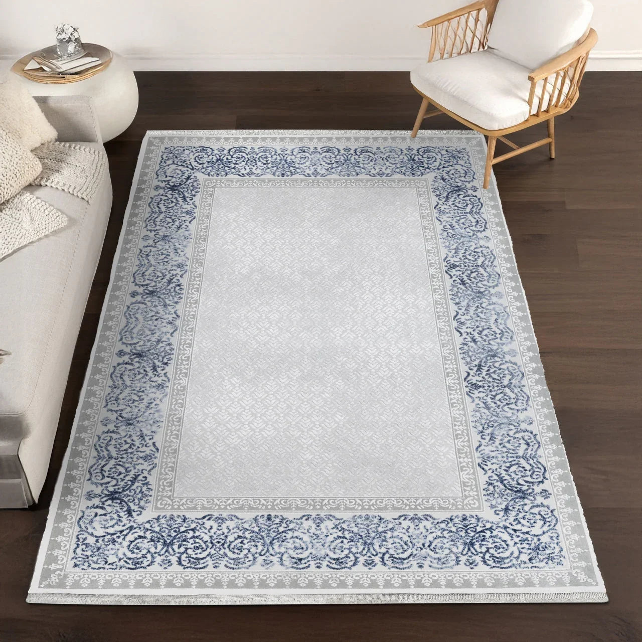 Beyaz Gri Bordürlü Minimalist Halı - Yıkanabilir - Kaymaz Taban - Pati Dostu