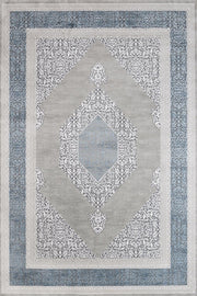 Gri Mavi Madalyonlu Minimalist Halı - Yıkanabilir - Kaymaz Taban - Pati Dostu