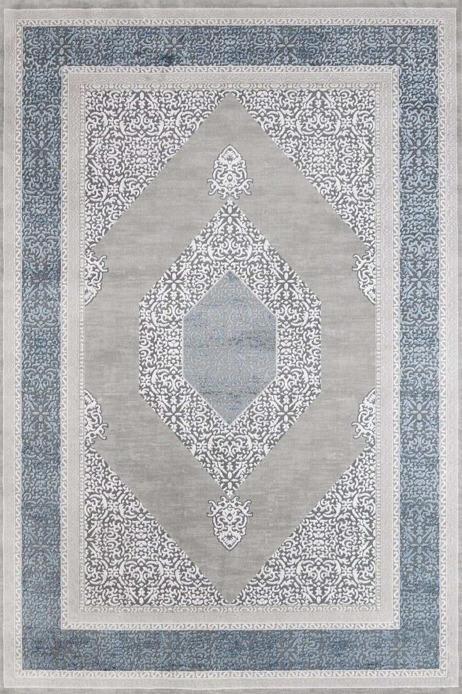 Gri Mavi Madalyonlu Minimalist Halı - Yıkanabilir - Kaymaz Taban - Pati Dostu
