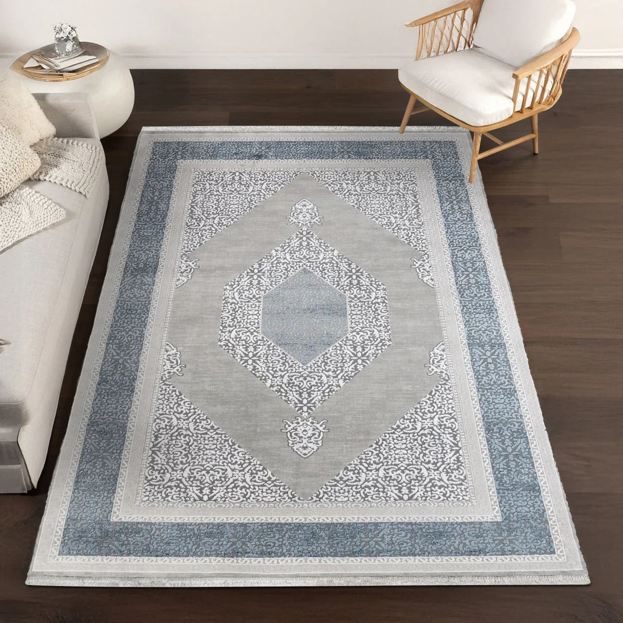 Gri Mavi Madalyonlu Minimalist Halı - Yıkanabilir - Kaymaz Taban - Pati Dostu