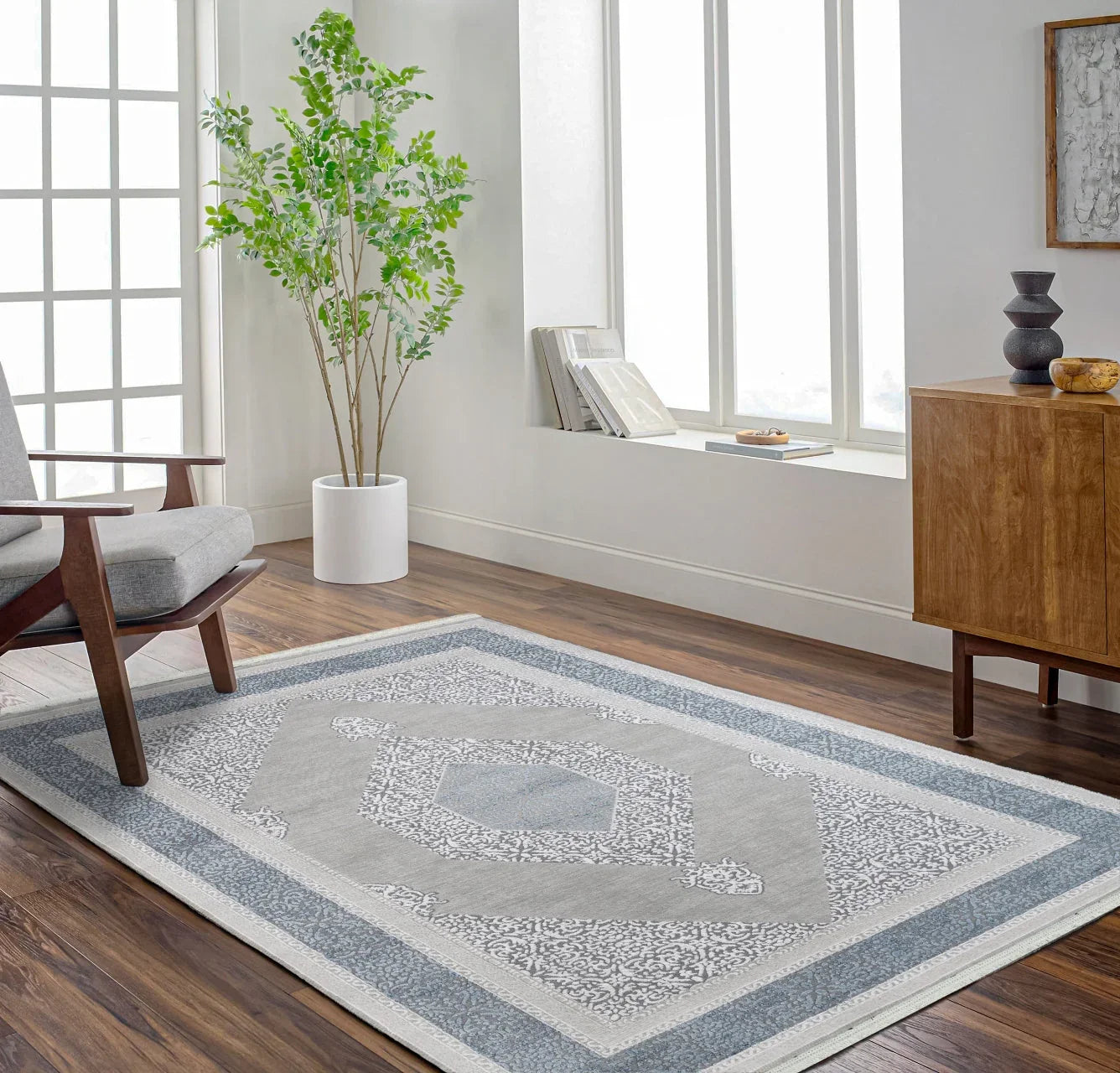 Gri Mavi Madalyonlu Minimalist Halı - Yıkanabilir - Kaymaz Taban - Pati Dostu
