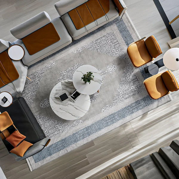 Gri Mavi Madalyonlu Minimalist Halı - Yıkanabilir - Kaymaz Taban - Pati Dostu
