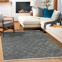 Antrasit Geometrik Modern Etnik Desenli Halı  | Makinada Yıkanabilir | Hav Toz Vermez | Leke Tutmayan | Kaymaz Taban | Dijital Makine Baskı | Salon Yolluk Mutfak Halısı