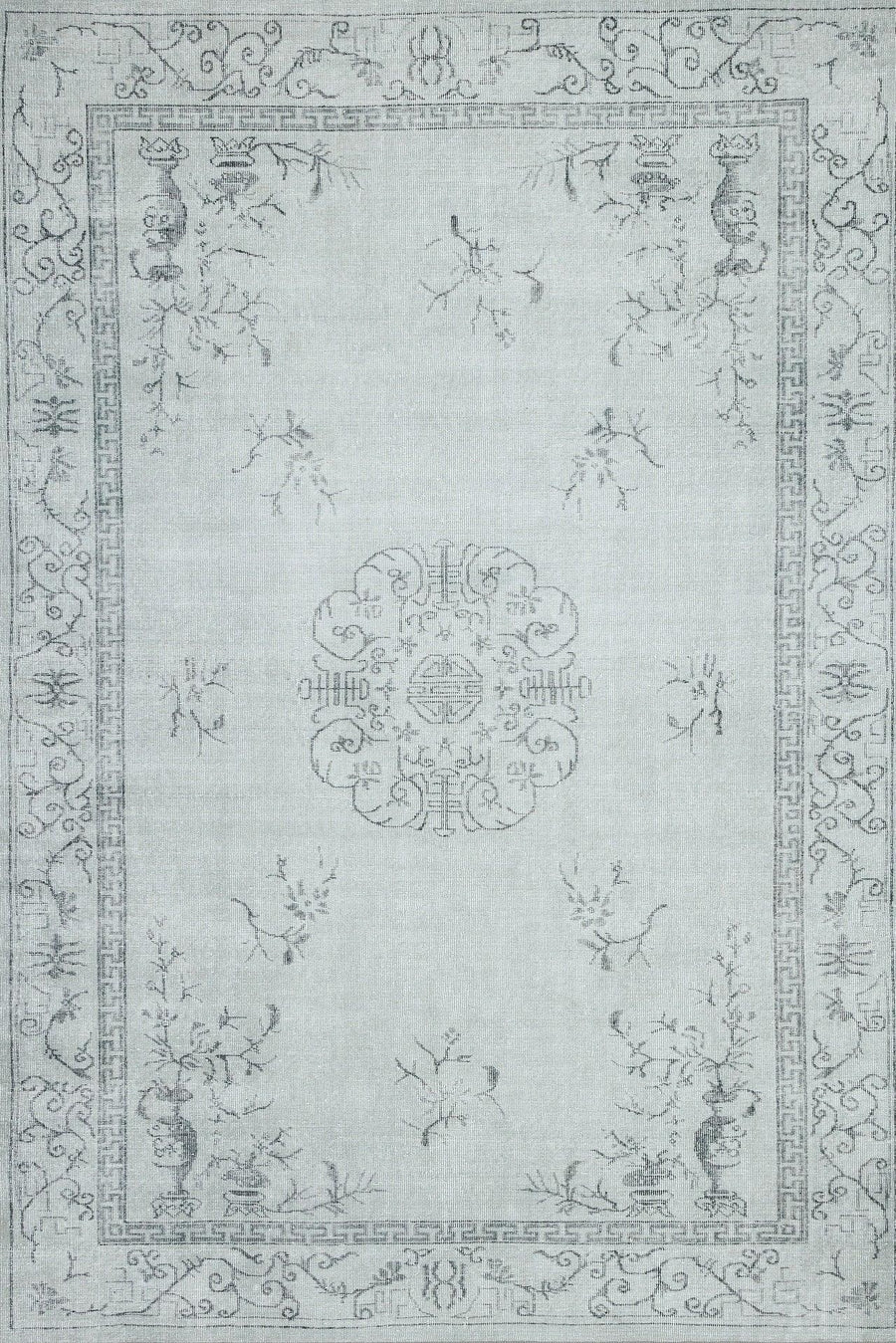 Grey and White Medallion Area Rug with Distressed Design – in the hallway