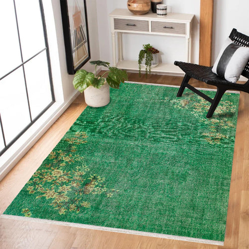Yeşil Çiçekli Modern Etnik Desenli Halı  | Makinada Yıkanabilir | Hav Toz Vermez | Leke Tutmayan | Kaymaz Taban | Dijital Makine Baskı | Salon Yolluk Mutfak Halısı
